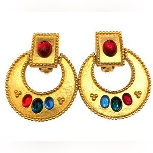 90s Vintage Door Knocker Jewel Tone Earrings Gold Clip on